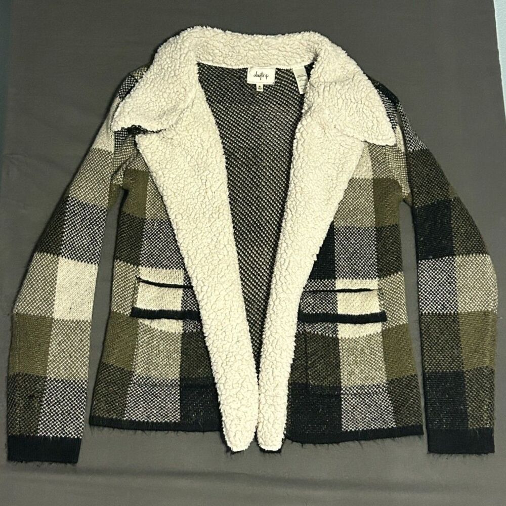 Gorpcore Daytrip Plaid Sherpa Lapel Open Cardigan Sweater Medium